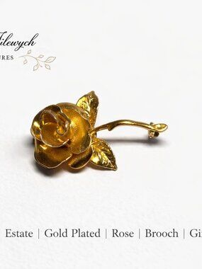 BR-68-Vintage Gold Tone Rose Brooch, Gold Plated Flower Pin, Estate Jewelry, Rom